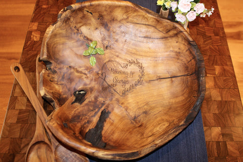 Large Live Edge Hand Carved Teak Bowl with Valentine's Day Engraving