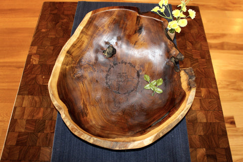 Large Live Edge Hand Carved Teak Bowl with Wedding Engraving