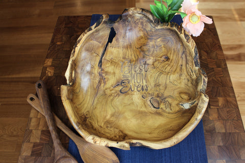 Large Live Edge Hand Carved Teak Bowl with Mother's Day Engraving