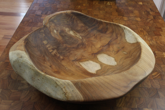 Large Thick Live Edge Hand Carved Teak Bowl