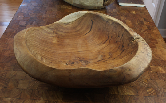 Large Thick Live Edge Hand Carved Teak Bowl